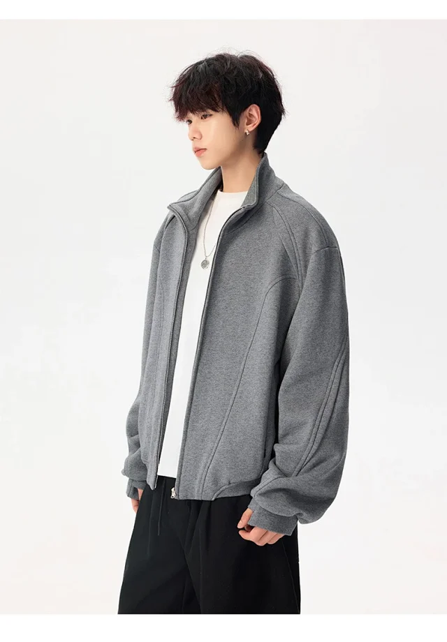 Men's Solid Color Stand Collar Cardigan Hoodie Detail