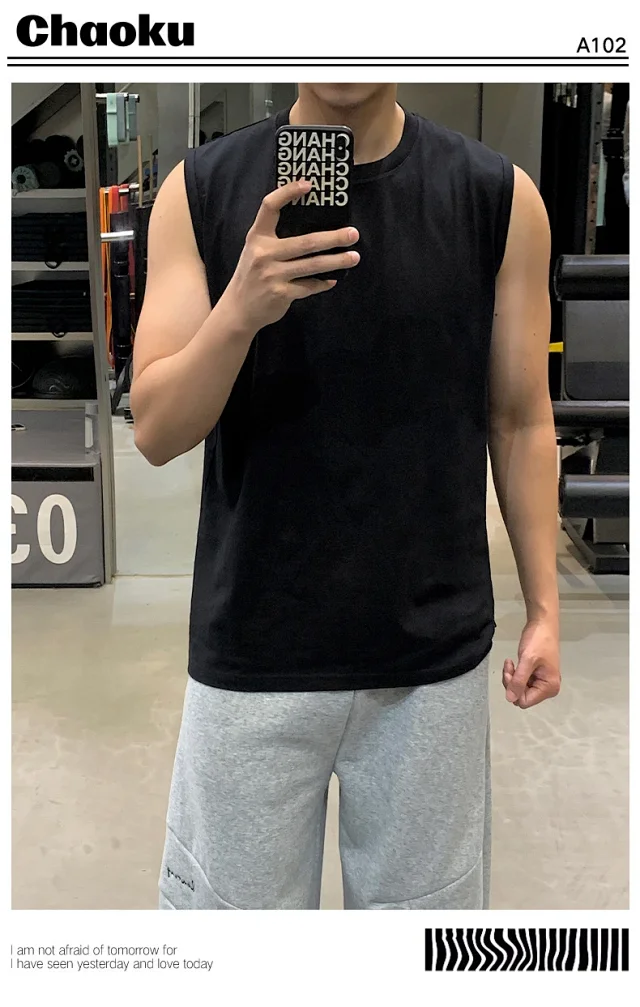Hong Kong Style Men's Cotton White Tank Top Detail