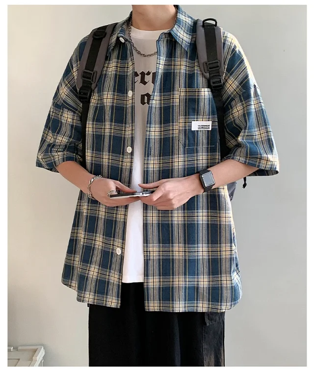 Men's Summer Plaid Shirt, 5/8 Sleeve Detail