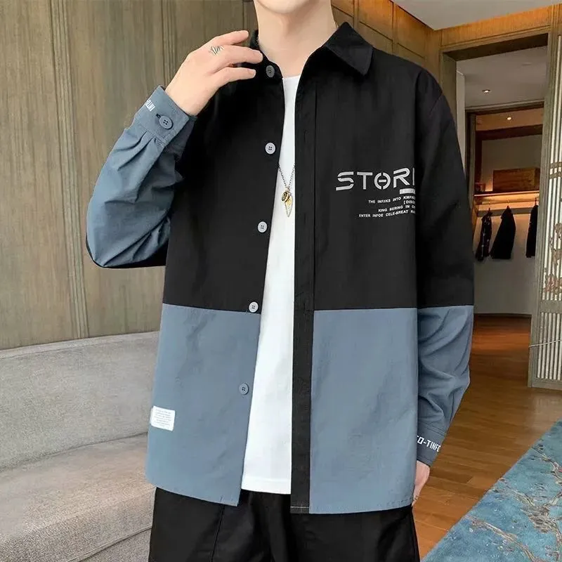 2025 Spring/Fall Men's Long-sleeve Hong Kong-style Color-blocked Shirt & Trendy Korean-style Handsome Jacket