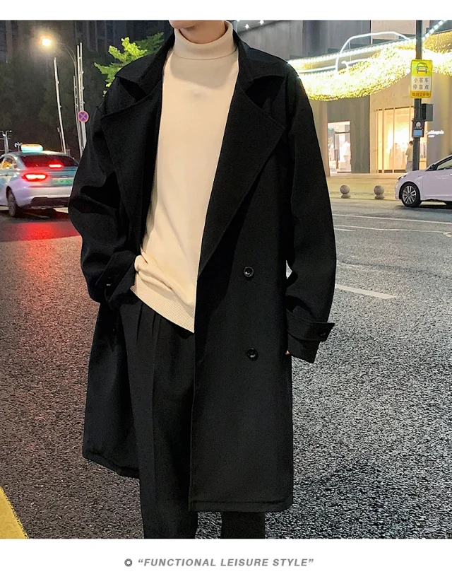 Men's Trench Coat - Long, Korean Style Detail