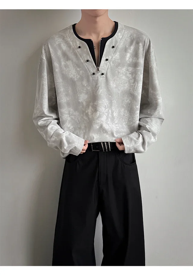 Men's Long-sleeve T-shirt, Ink-dyed, American Style, Loose, Breathable, Comfy, Versatile, Lazy Couple Detail