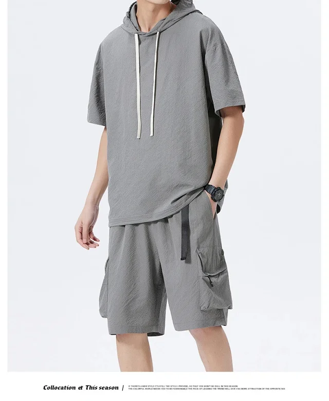 Men's Summer Ice Silk Hooded T-shirt Set Detail