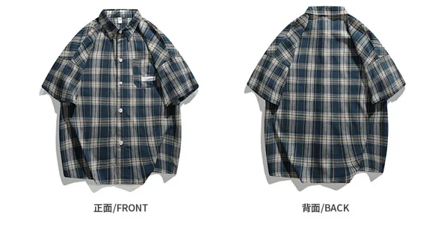 Men's Summer Plaid Shirt, 5/8 Sleeve Detail