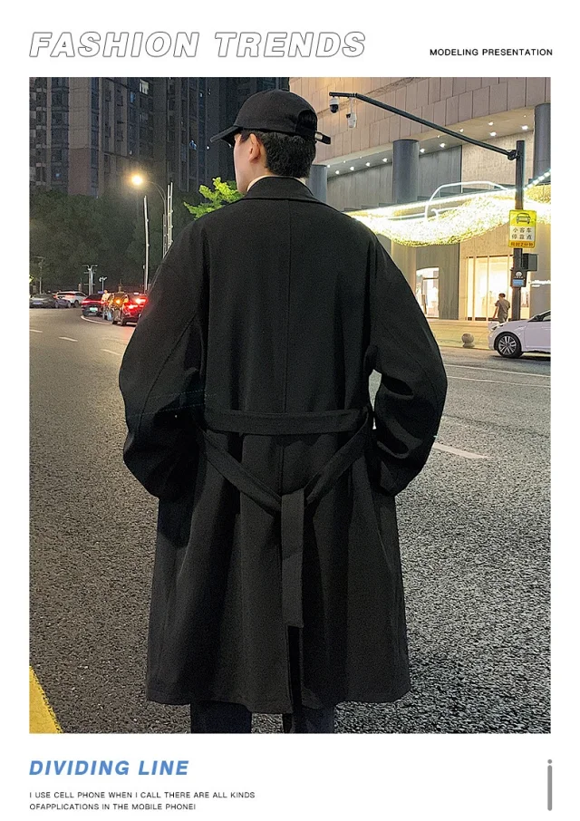 Men's Trench Coat - Long, Korean Style Detail