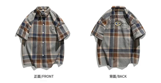 Men's Summer Plaid Shirt, 5/8 Sleeve Detail