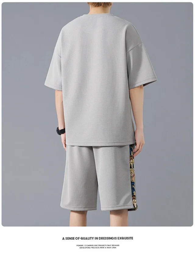 Stylish Korean Trendy Men's Set (Short Sleeve T - Shirt + Embroidered Shorts) Detail