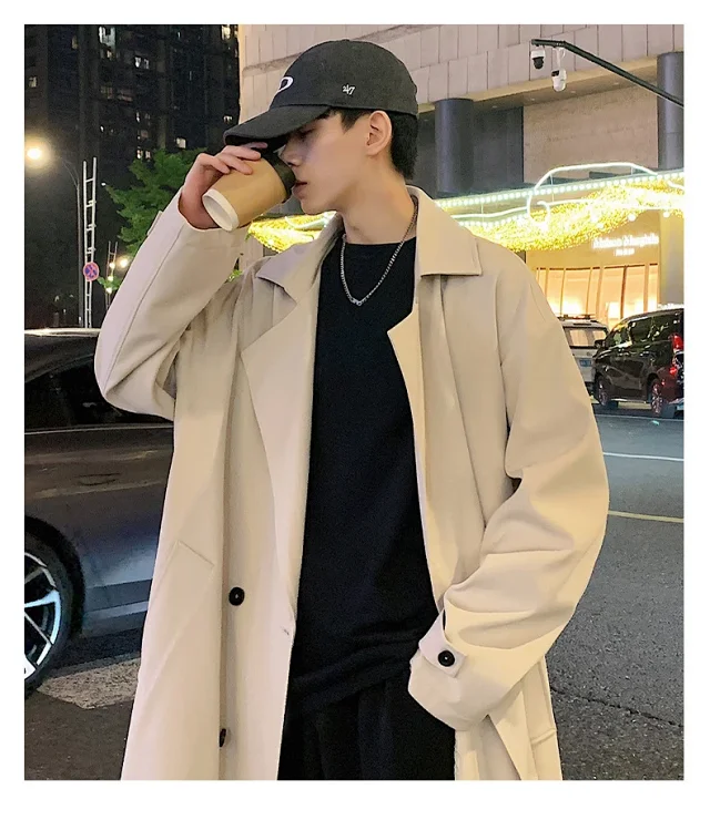 Men's Trench Coat - Long, Korean Style Detail
