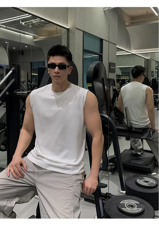 Hong Kong Style Men's Cotton White Tank Top Detail