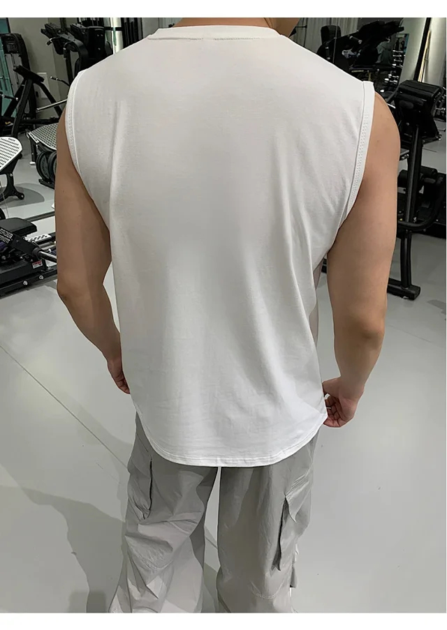 Hong Kong Style Men's Cotton White Tank Top Detail