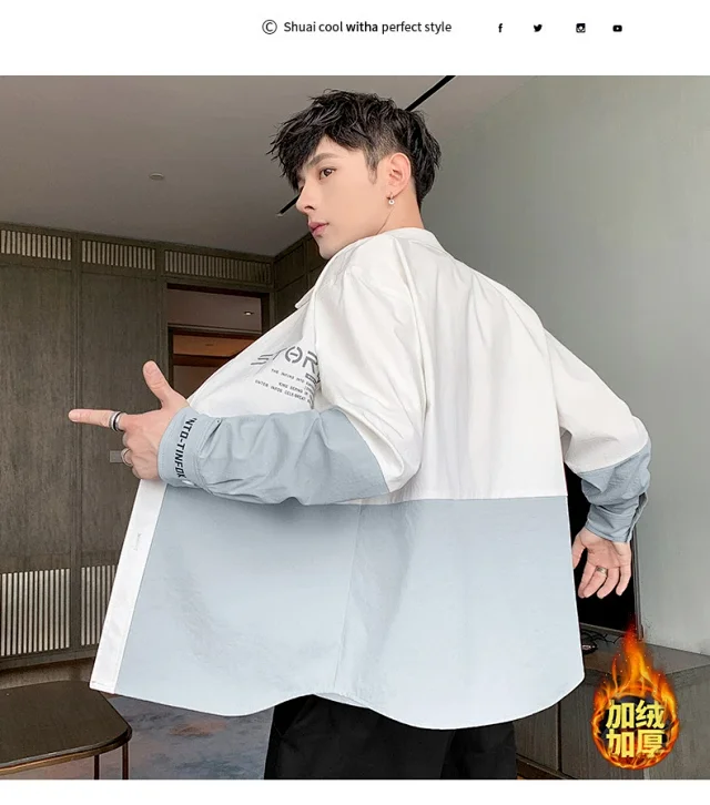 2025 Spring/Fall Men's Long-sleeve Hong Kong-style Color-blocked Shirt & Trendy Korean-style Handsome Jacket Detail