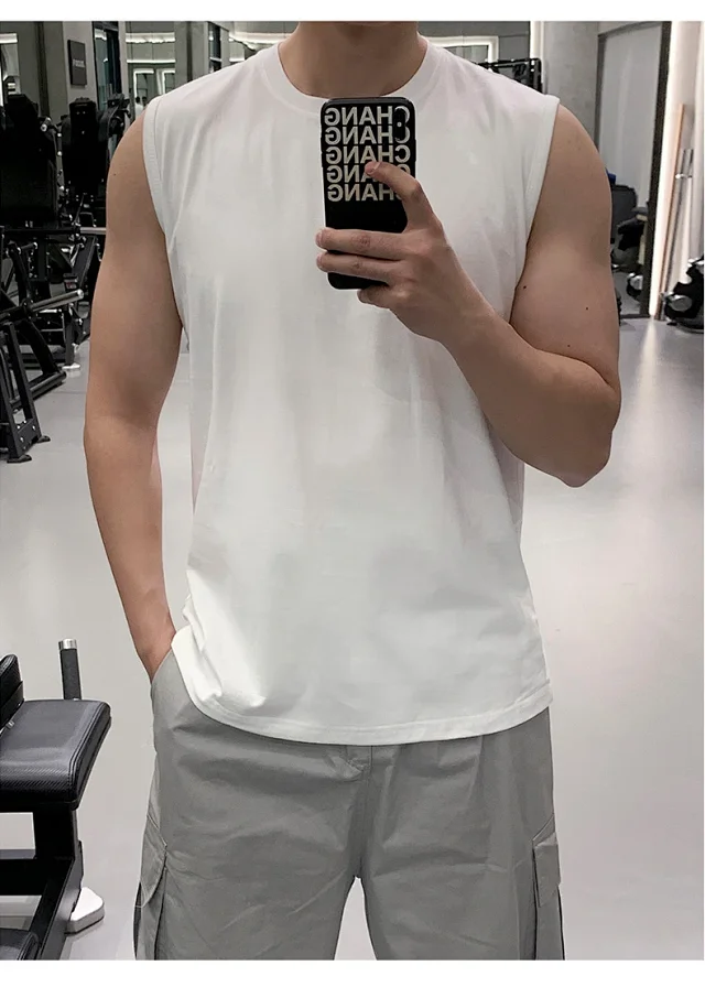 Hong Kong Style Men's Cotton White Tank Top Detail