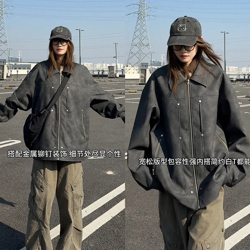 2025 Spring Tie-Dye PU Biker Jacket