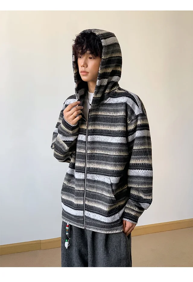 2025 Fall Ethnic American Retro Loose Long-sleeve Striped Zip Hoodie Couple Top Detail