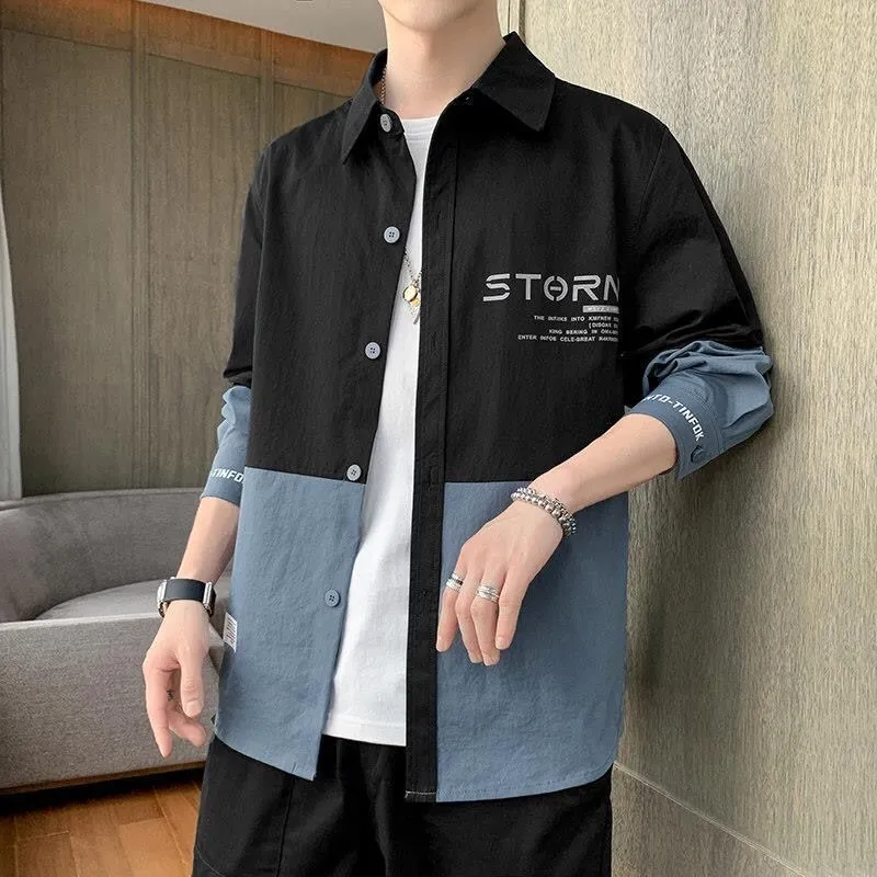 2025 Spring/Fall Men's Long-sleeve Hong Kong-style Color-blocked Shirt & Trendy Korean-style Handsome Jacket