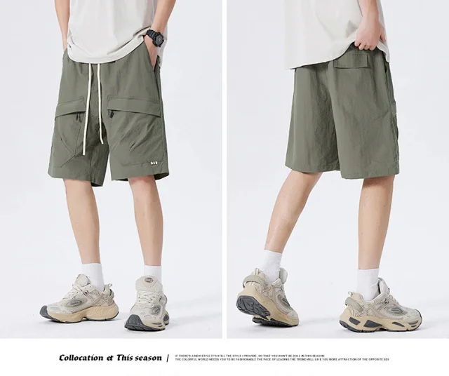 2025 Summer American Parachute Shorts for Men in Loose Straight Style with Multiple Pockets Detail