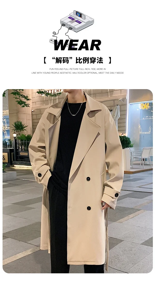 Men's Trench Coat - Long, Korean Style Detail