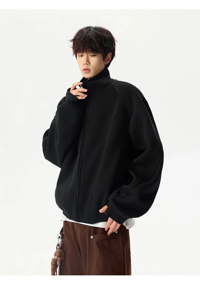 Men's Solid Color Stand Collar Cardigan Hoodie Detail