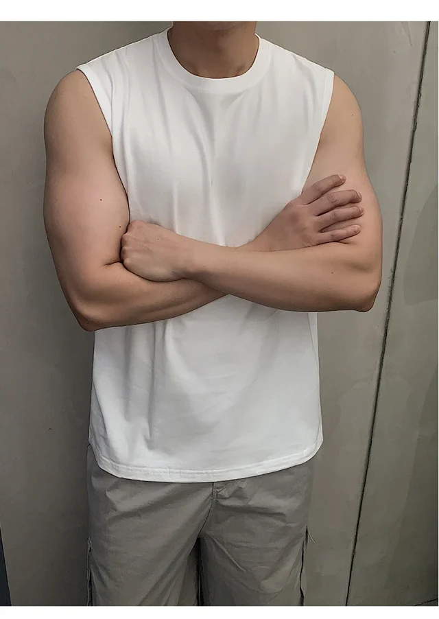 Hong Kong Style Men's Cotton White Tank Top Detail