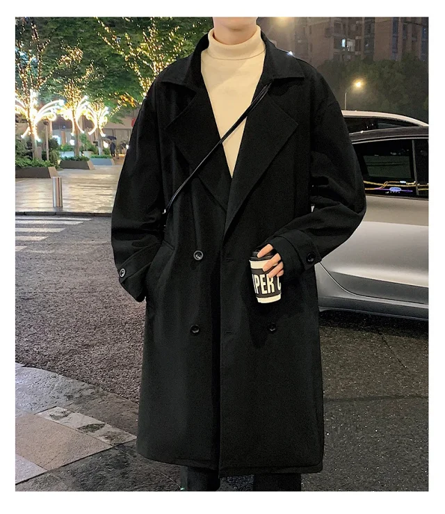 Men's Trench Coat - Long, Korean Style Detail