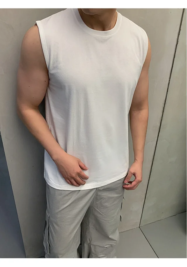 Hong Kong Style Men's Cotton White Tank Top Detail