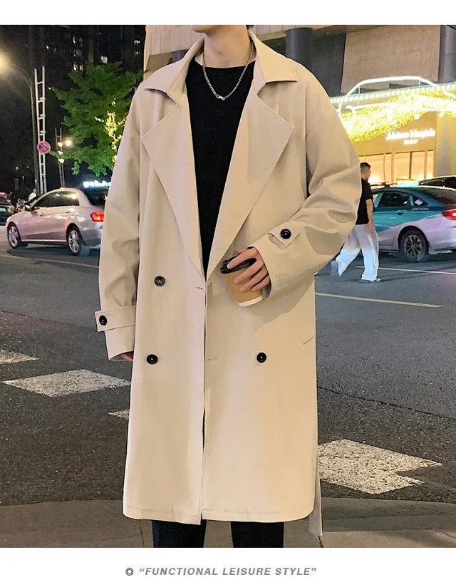 Men's Trench Coat - Long, Korean Style Detail