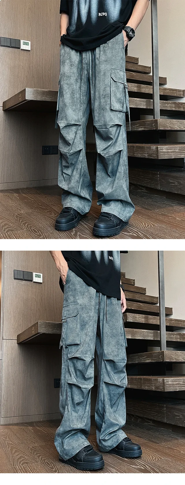 Premium Men's Tie - Dye Wide - Leg Cargo Pants Detail