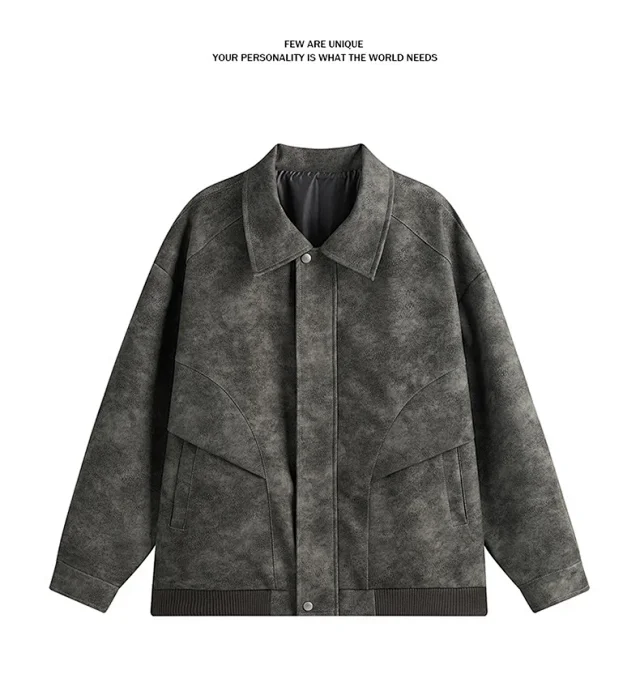 2025 Spring New American High Street Collar Tie - Dye PU Leather Jacket for Men Detail