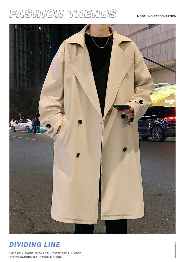 Men's Trench Coat - Long, Korean Style Detail