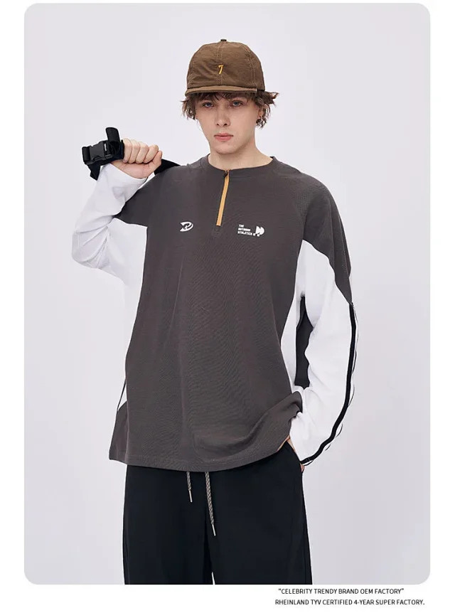 RFSD Menswear | Retro American Print Sports Color-Block Loose Pique Long-Sleeve T-Shirt (Unisex) Cross-Border Trendy Brand Detail