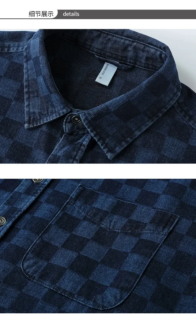 Japanese Retro Spring/Fall American Color-Woven Denim Shirt Detail