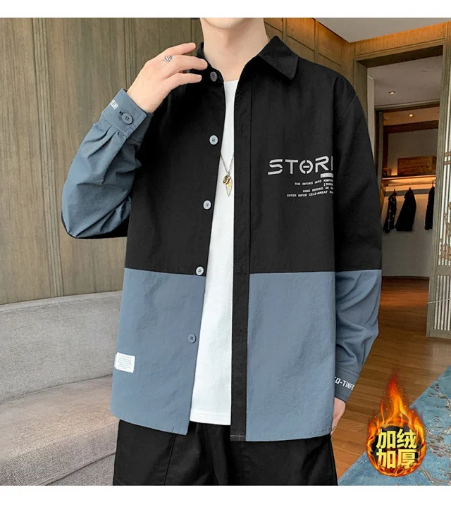 2025 Spring/Fall Men's Long-sleeve Hong Kong-style Color-blocked Shirt & Trendy Korean-style Handsome Jacket Detail
