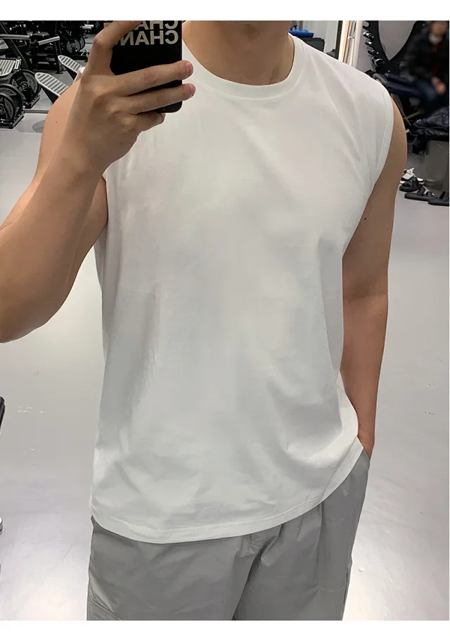 Hong Kong Style Men's Cotton White Tank Top Detail
