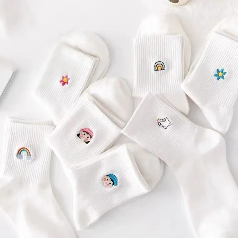 Women's White Embroidered Cotton Socks（10 pairs）