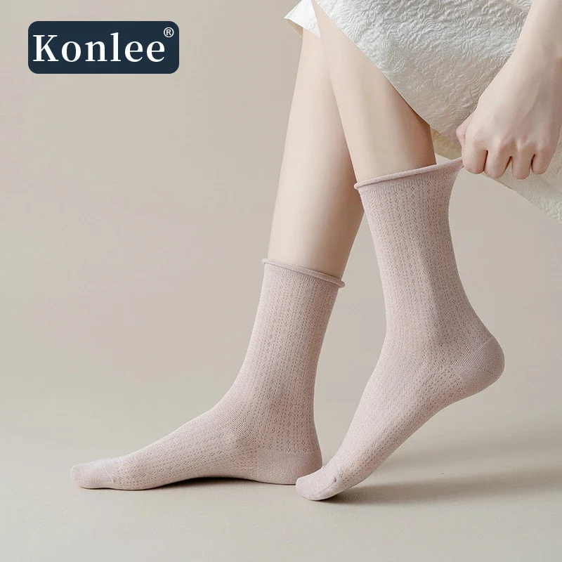 Summer Women's Mid-Calf Breathable Combed Cotton Solid College Style Ins Mesh Heap Socks