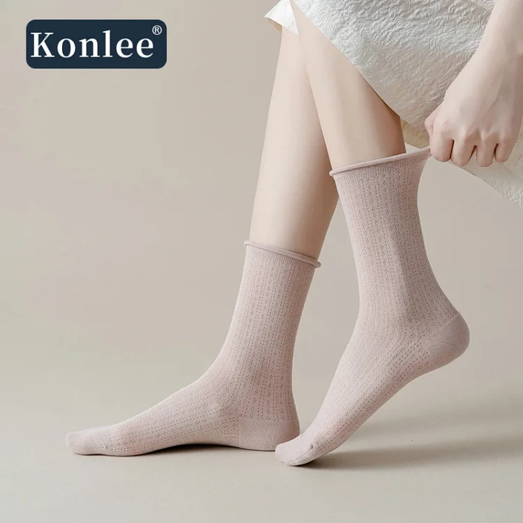 Summer Women's Mid-Calf Breathable Combed Cotton Solid College Style Ins Mesh Heap Socks
