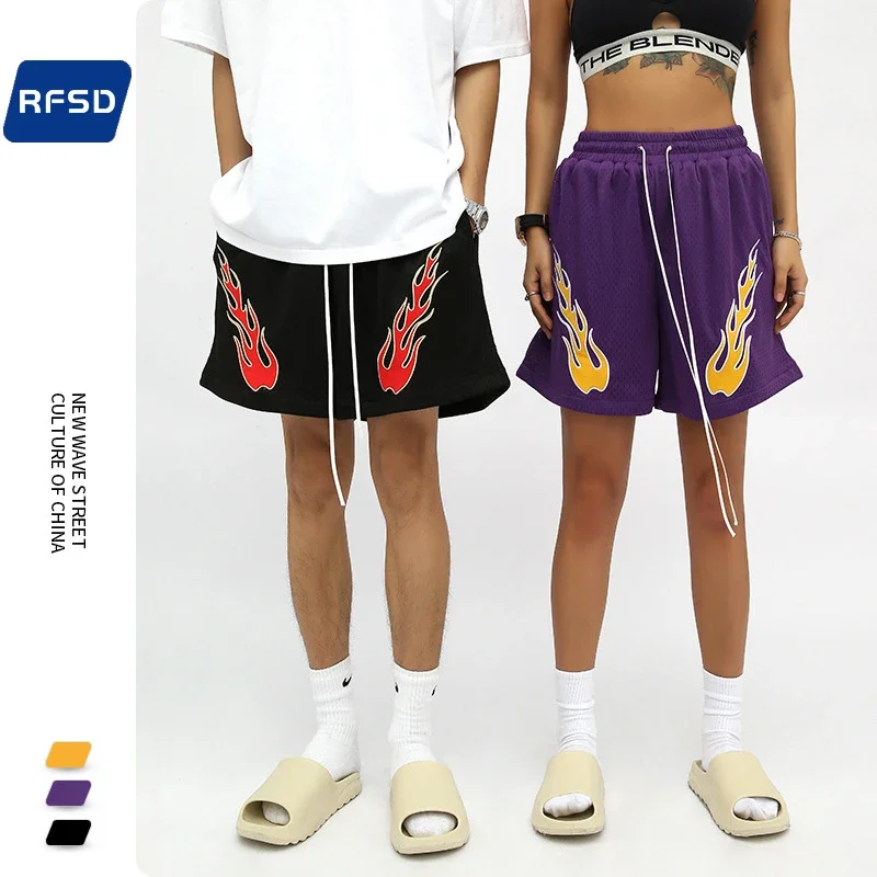 RFSD Men's Fashion | 2025 Summer New American Streetwear Hip - Hop Embroidered Flame Casual Shorts