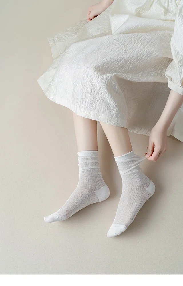 Summer Women's Mid-Calf Breathable Combed Cotton Solid College Style Ins Mesh Heap Socks Detail