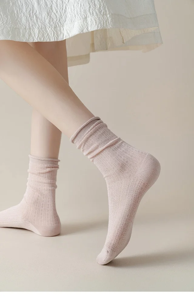 Summer Women's Mid-Calf Breathable Combed Cotton Solid College Style Ins Mesh Heap Socks Detail