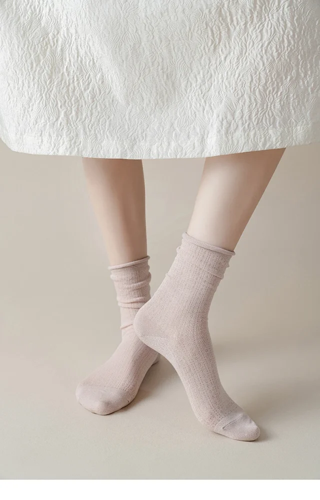 Summer Women's Mid-Calf Breathable Combed Cotton Solid College Style Ins Mesh Heap Socks Detail