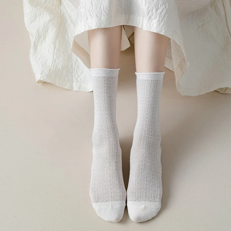 Summer Women's Mid-Calf Breathable Combed Cotton Solid College Style Ins Mesh Heap Socks