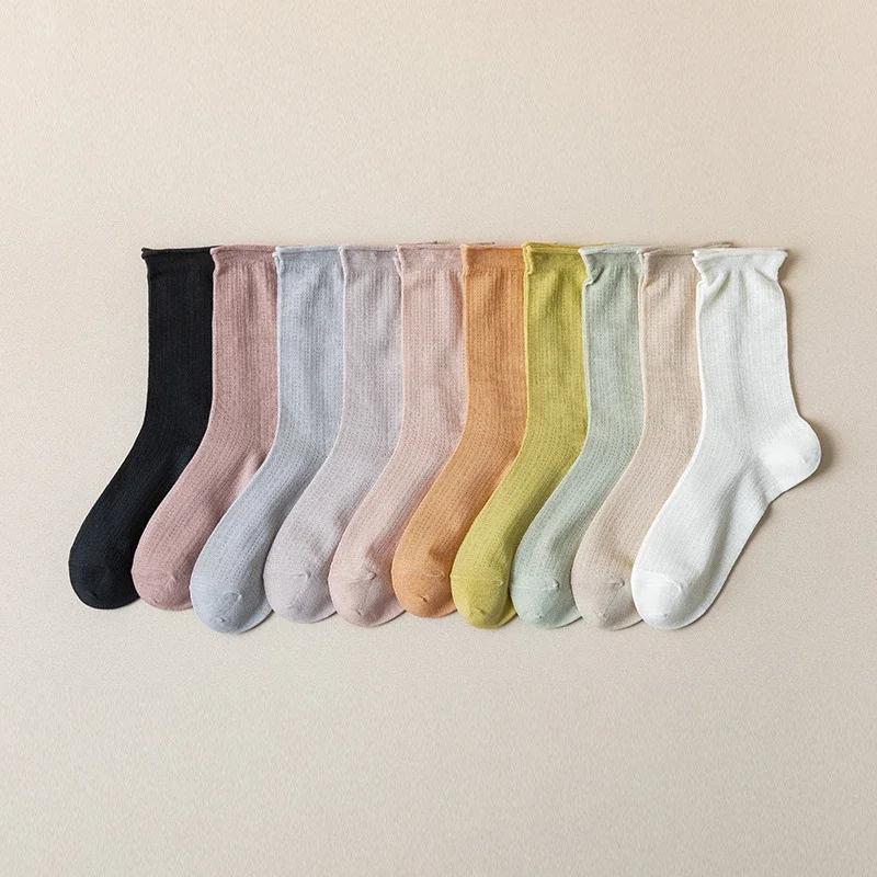 Summer Women's Mid-Calf Breathable Combed Cotton Solid College Style Ins Mesh Heap Socks