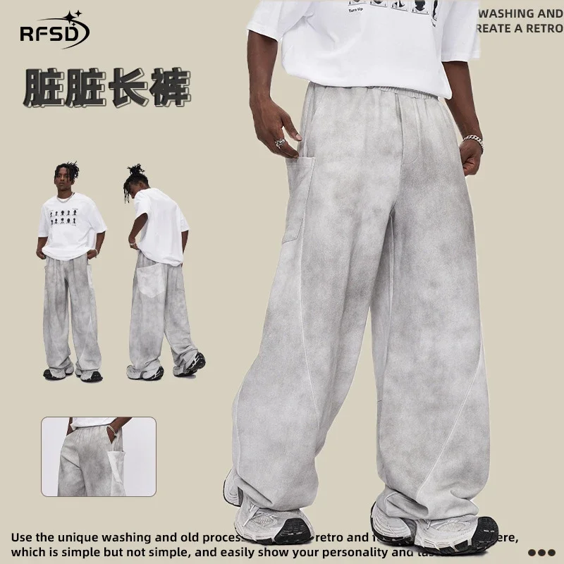 RFSD Men's 2025 Summer American White-Grey Dirty Wide-Leg Pants-High Street Design Distressed Versatile