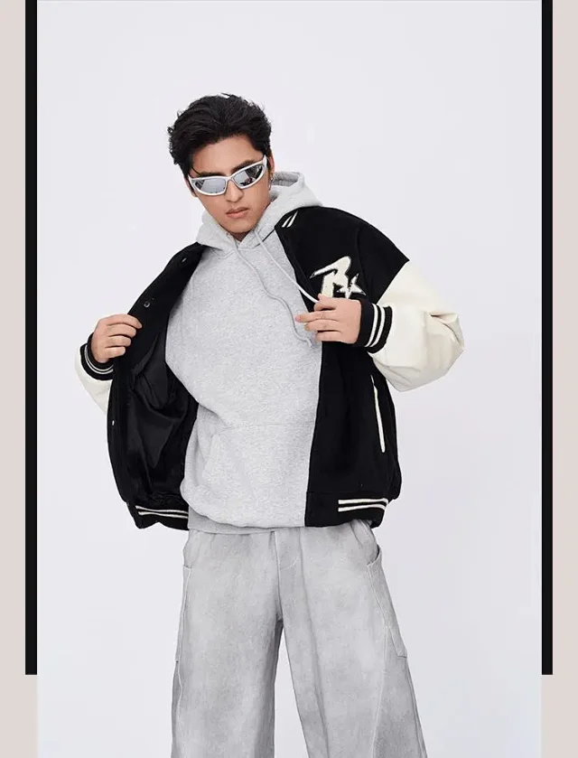 RFSD|New Retro Street Patchwork Embroidery Contrast Color Couples Baseball Jacket Detail