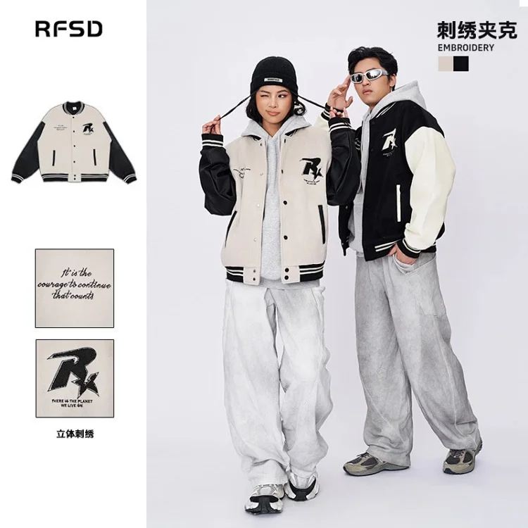 RFSD|New Retro Street Patchwork Embroidery Contrast Color Couples Baseball Jacket