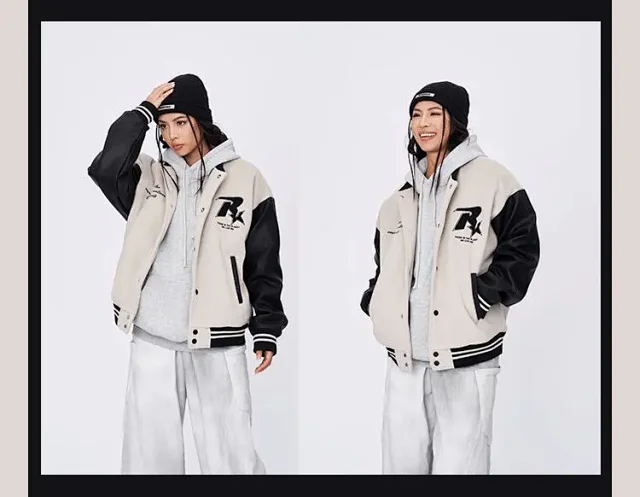 RFSD|New Retro Street Patchwork Embroidery Contrast Color Couples Baseball Jacket Detail