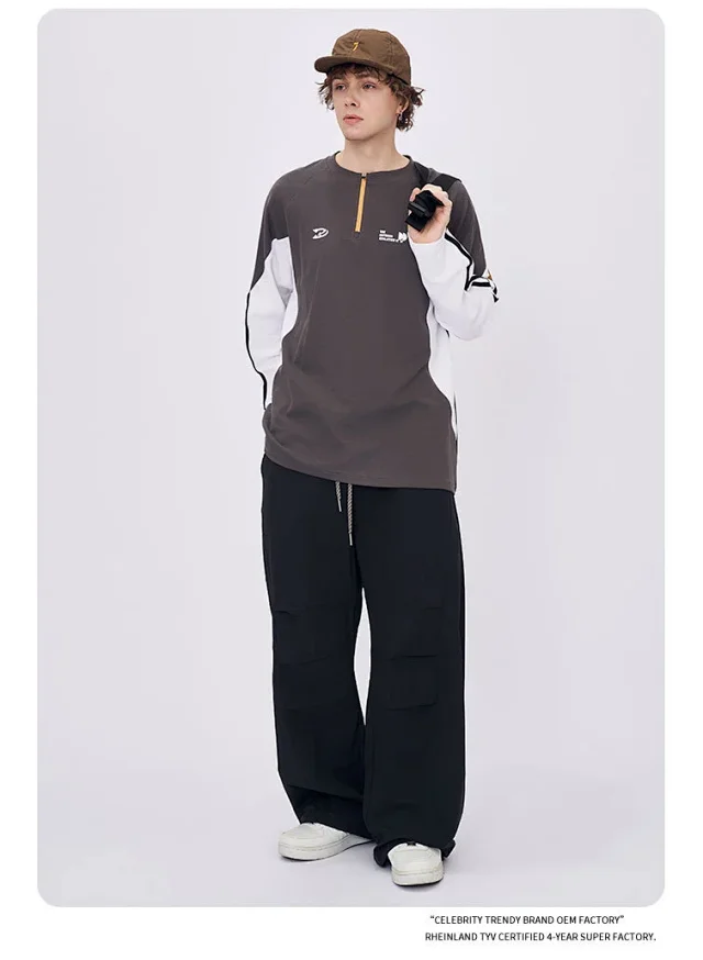RFSD Menswear | Retro American Print Sports Color-Block Loose Pique Long-Sleeve T-Shirt (Unisex) Cross-Border Trendy Brand Detail