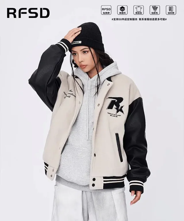 RFSD|New Retro Street Patchwork Embroidery Contrast Color Couples Baseball Jacket Detail