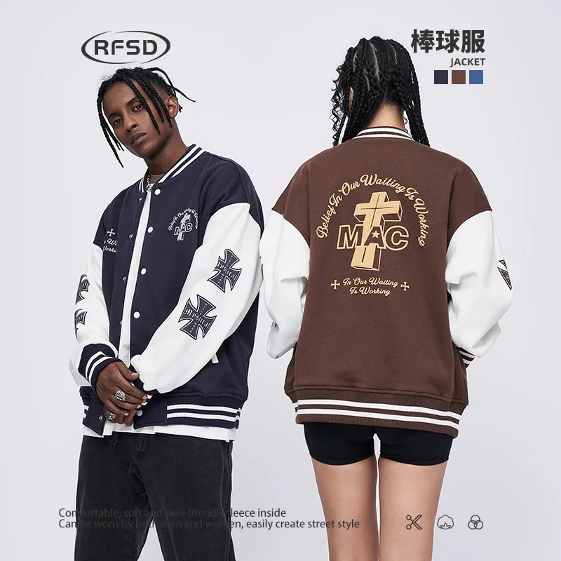 RFSD | 2025 Fall/Winter New Color-blocking Loose Printed Jacket Baseball Coat Couple Cotton-padded Coat