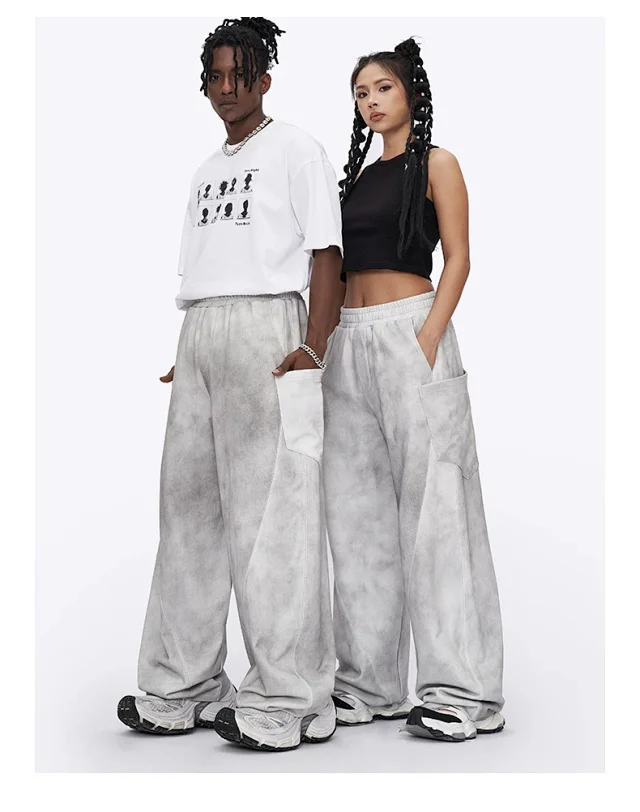 RFSD Men's 2025 Summer American White-Grey Dirty Wide-Leg Pants-High Street Design Distressed Versatile Detail